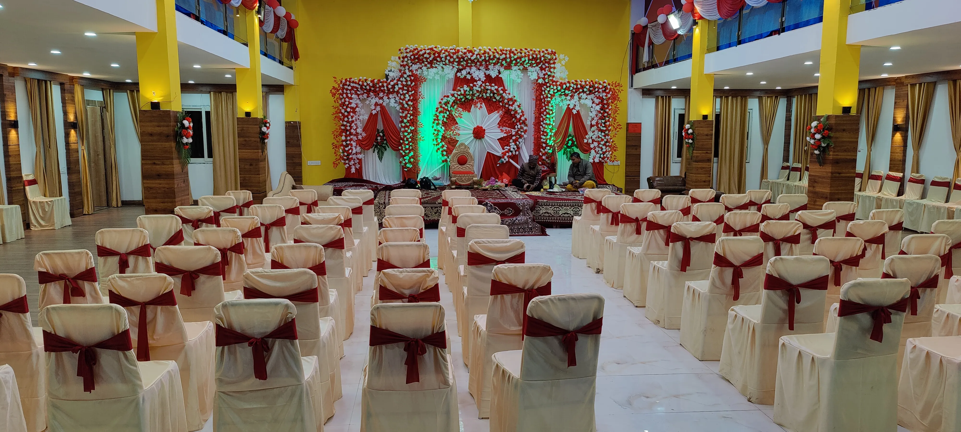 Grand Banquet hall lit in green for an evening event