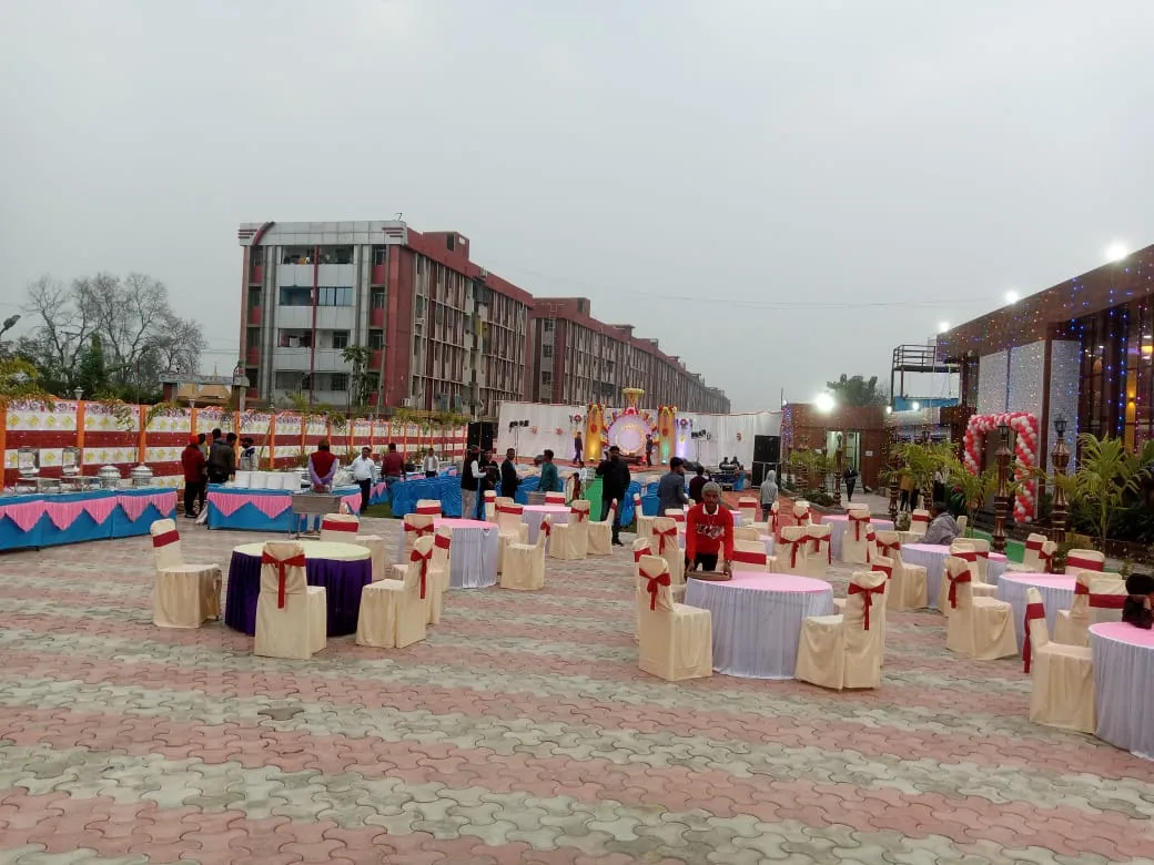 The party lawn set up for an outdoor evening event